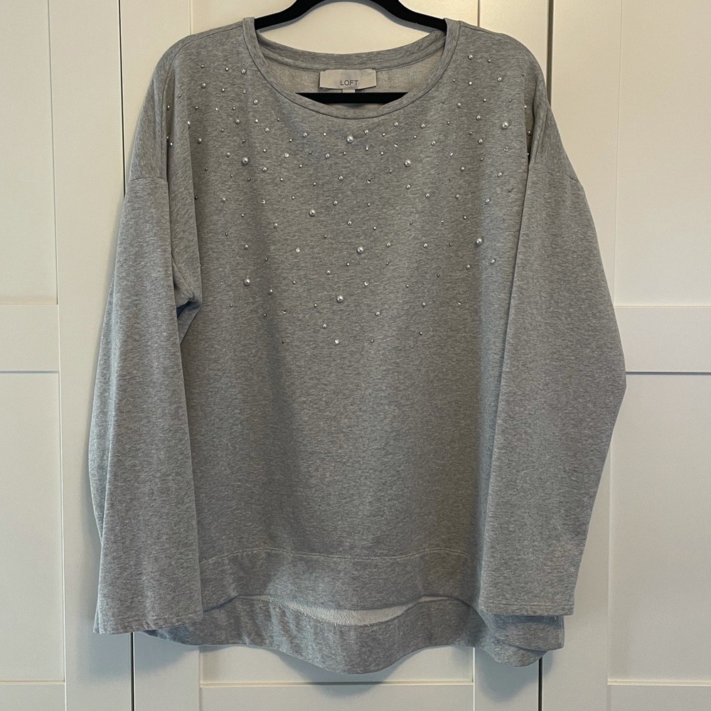 Loft Rhinestone and Pearl Top Gray XL Stretchy Cotton Spandex Blend